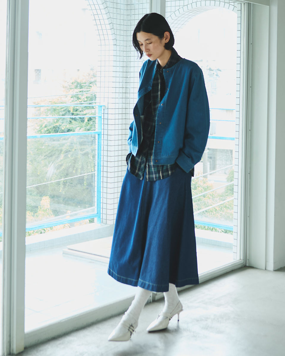 ぽにょん L ネイビー カポック混】カポックデニムフレアスカート | JANTZEN Official Brandsite